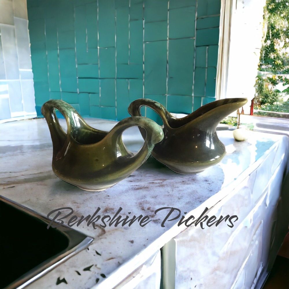 McMaster Pottery Cream And Sugar Set Green Glaze Art‎ Deco Design Vintage